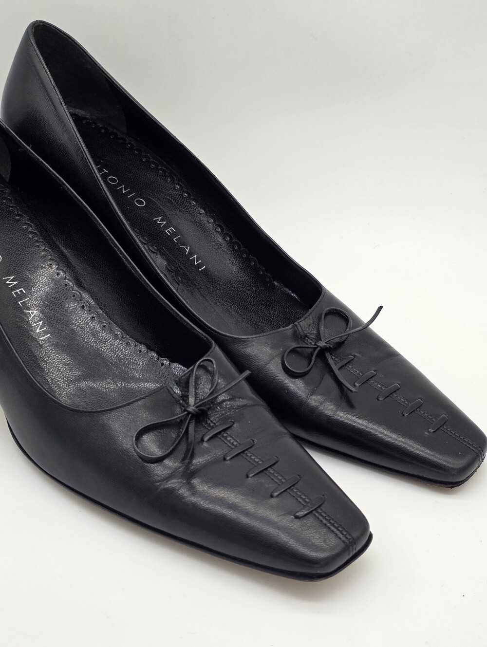 Antonio Melani Black Leather Square Toe Bow Kitten Heel Pumps Shoes Size 7.5 - Picture 5 of 16